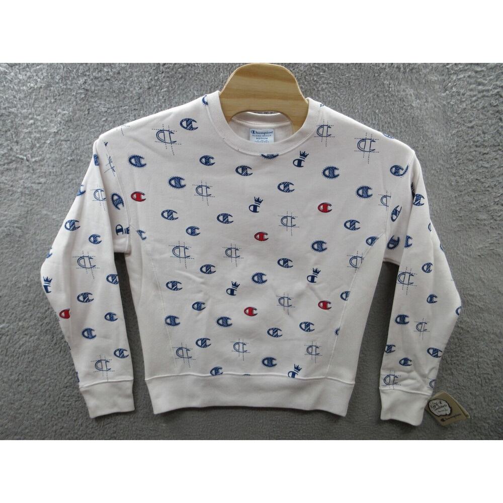 NWT Y2K Champion Sweatshirt Women Medium Reverse Weave AOP All Over Sketch Logos